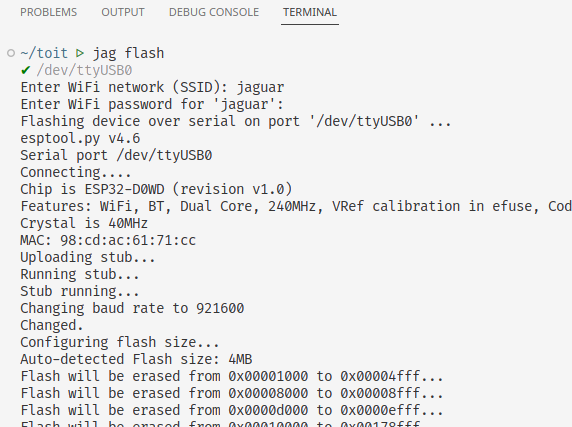 Screenshot of the jag flash command flashing the device