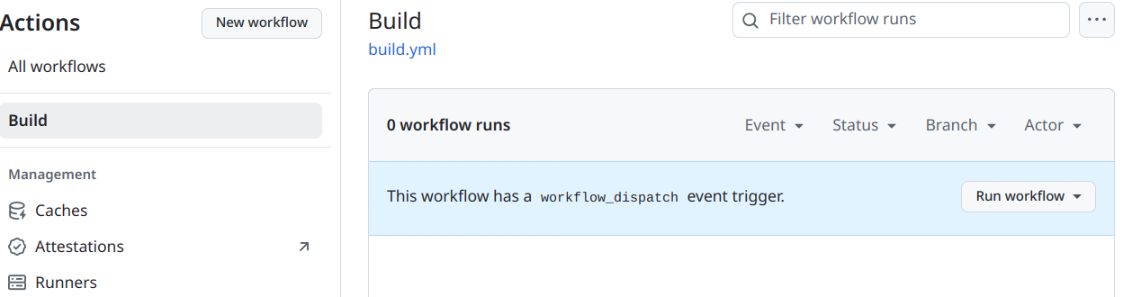 Screenshot of the GitHub actions tab with the build action selected