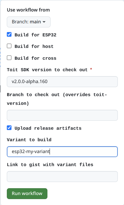 Screenshot of the GitHub actions form to run the build action