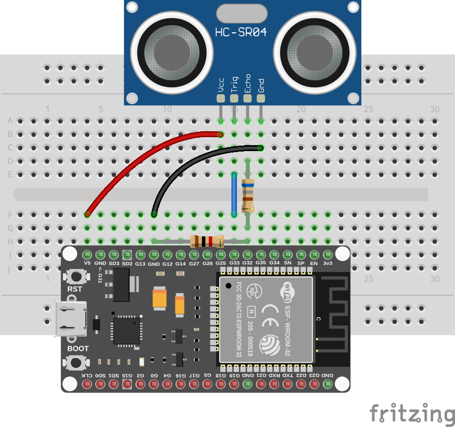 HC-SR04 wiring diagram with a voltage divider