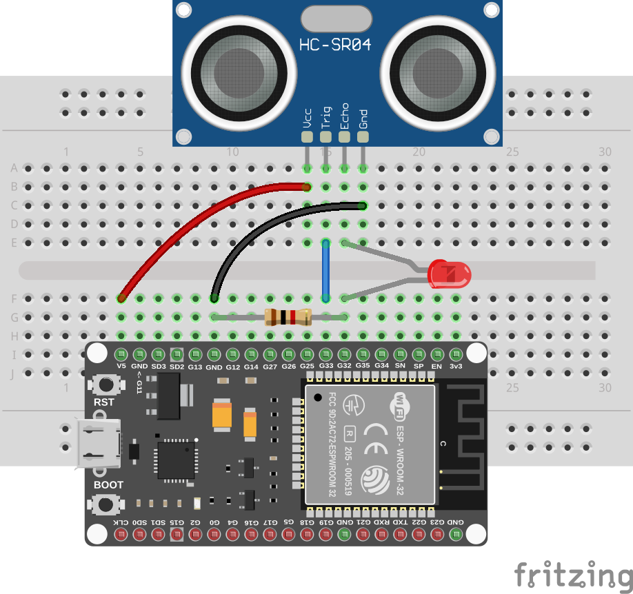 HC-SR04 wiring diagram with an LED