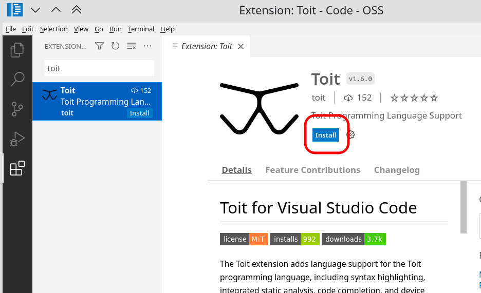 Screenshot of the Toit extension page